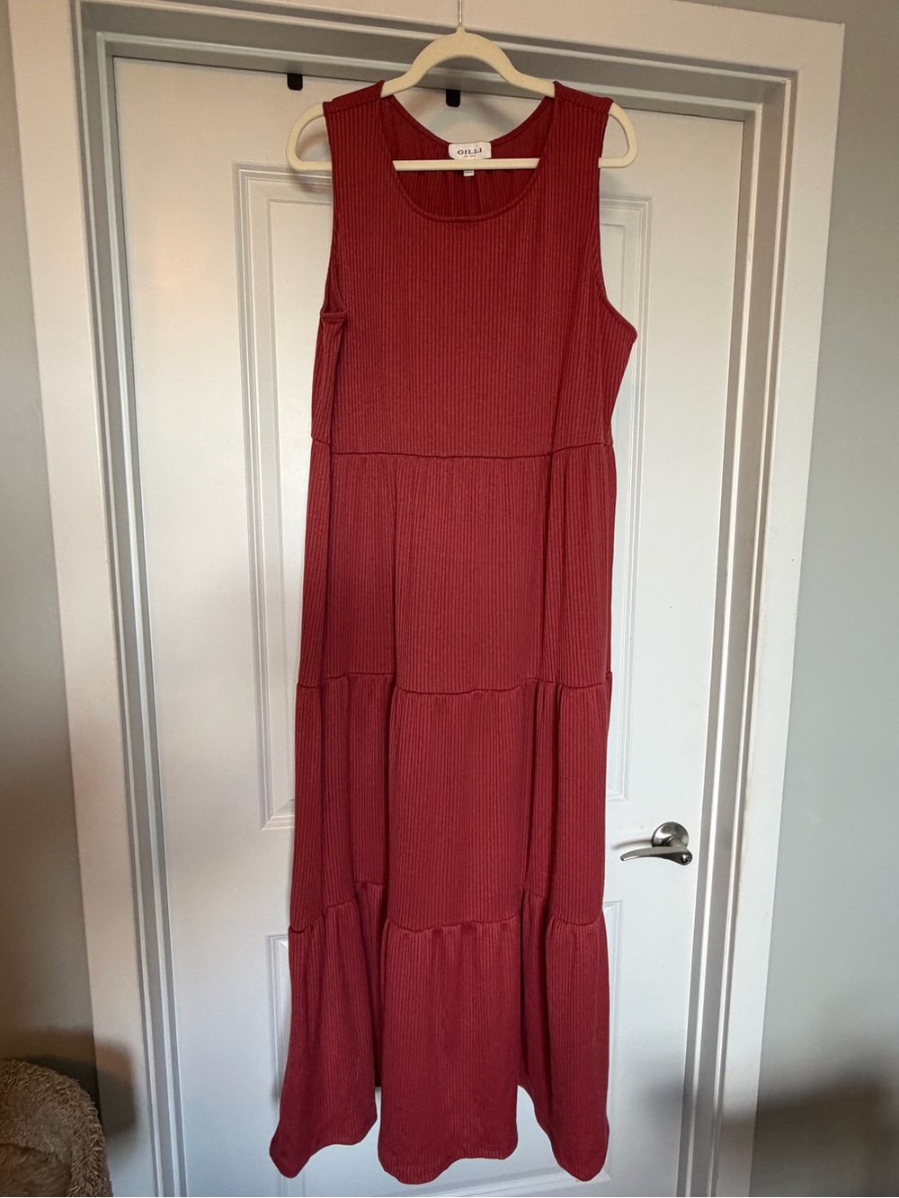 Gilli 3X Rust Red Ribbed Knit Tiered Maxi Dress Sleeveless Stretch